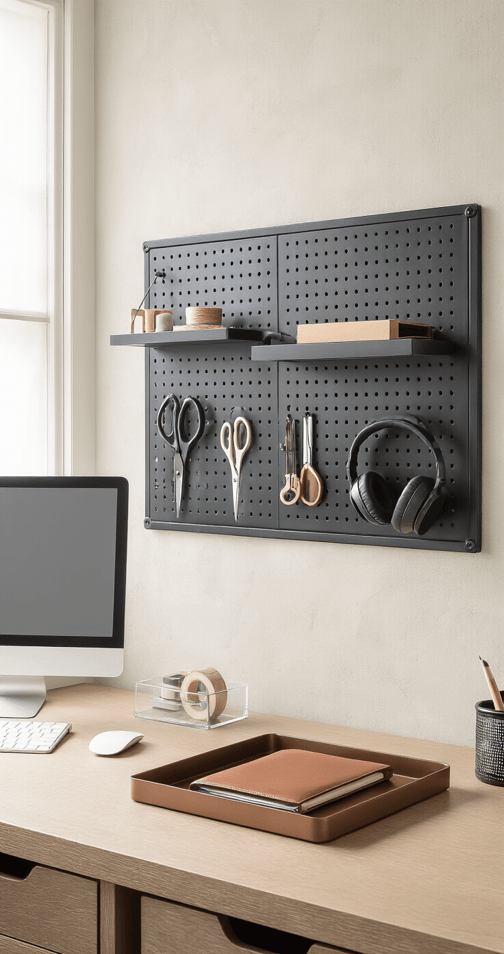 A modern workspace with a matte black floating pegboard on an off-white wall, featuring neatly arranged office accessories like scissors and headphones. A sleek wooden desk with an acrylic monitor stand and organized drawers is illuminated by soft natural light, complete with a stylish bronze desk tray holding a leather-bound planner.