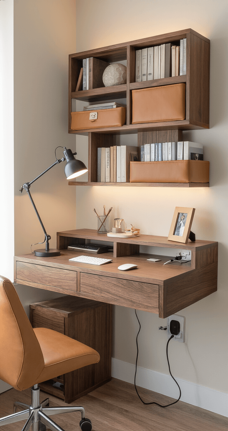 An ergonomic home office corner featuring rich walnut floating shelves with adjustable leather wall baskets, a modern desk with integrated cable management, warm ambient lighting, and a personal photograph, all viewed from a slightly lowered perspective to highlight clean lines and spatial organization.
