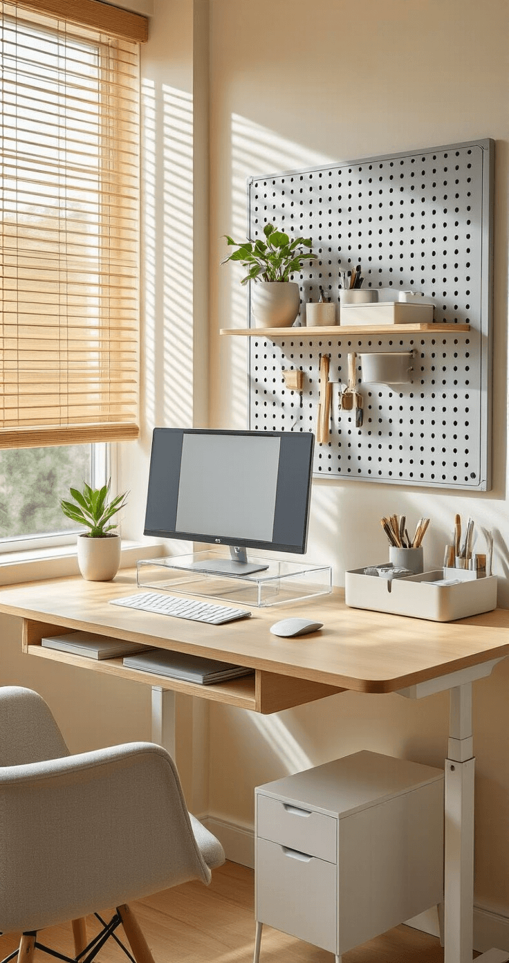 A minimalist workspace with a light wood desk and clear acrylic monitor riser, featuring compartmentalized storage beneath. Soft natural light filters through bamboo shades, highlighting a light gray pegboard with hooks for office essentials. A matte white desk organizer holds neatly sorted writing tools. A small indoor plant adds greenery, while cable management remains discreet with wireless devices and a hidden charging station, all captured from a slightly elevated angle.