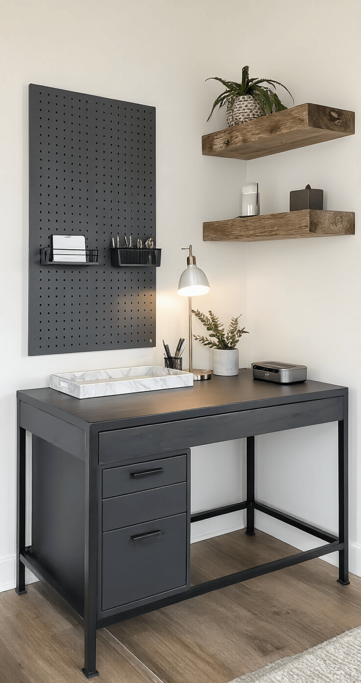 An industrial-chic home office with a dark metal desk, white marble desktop tray, charcoal gray pegboard for minimalist accessories, organized drawer dividers, ambient lighting, brushed steel wireless charging station, and reclaimed wood floating shelves with decorative objects and a plant, viewed from a dynamic 30-degree angle.