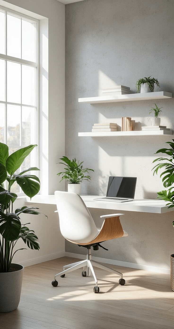 Photorealistic home office interior featuring a minimalist white wall-mounted desk, gray floating shelves, natural light from large windows, ergonomic white chair with wood accents, a concrete textured wall, and a potted monstera plant, all embodying a clean modern Scandinavian aesthetic.