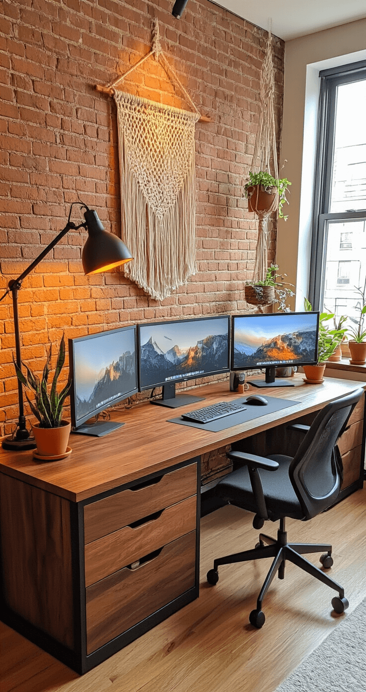 L-shaped walnut wood desk with storage drawers and matte black accents in a compact urban apartment, featuring exposed brick walls, a vintage task lamp, multiple computer monitors, macrame wall hanging, terracotta plant pots, and warm amber lighting, all captured from an overhead angle to showcase spatial optimization.