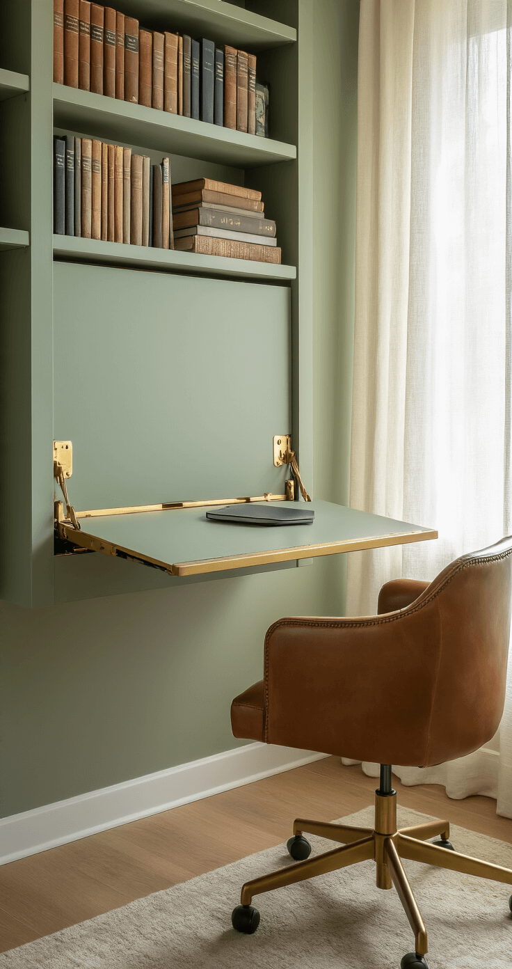 Fold-out hidden desk transforming from flat panel to full workspace, featuring brushed brass hardware and compact folding mechanism, with integrated cable management. Above, floating shelves display a curated book collection, accompanied by a vintage leather desk chair. Morning sunlight filters through sheer linen curtains, highlighting the precision engineering and seamless design in a soft natural color palette.