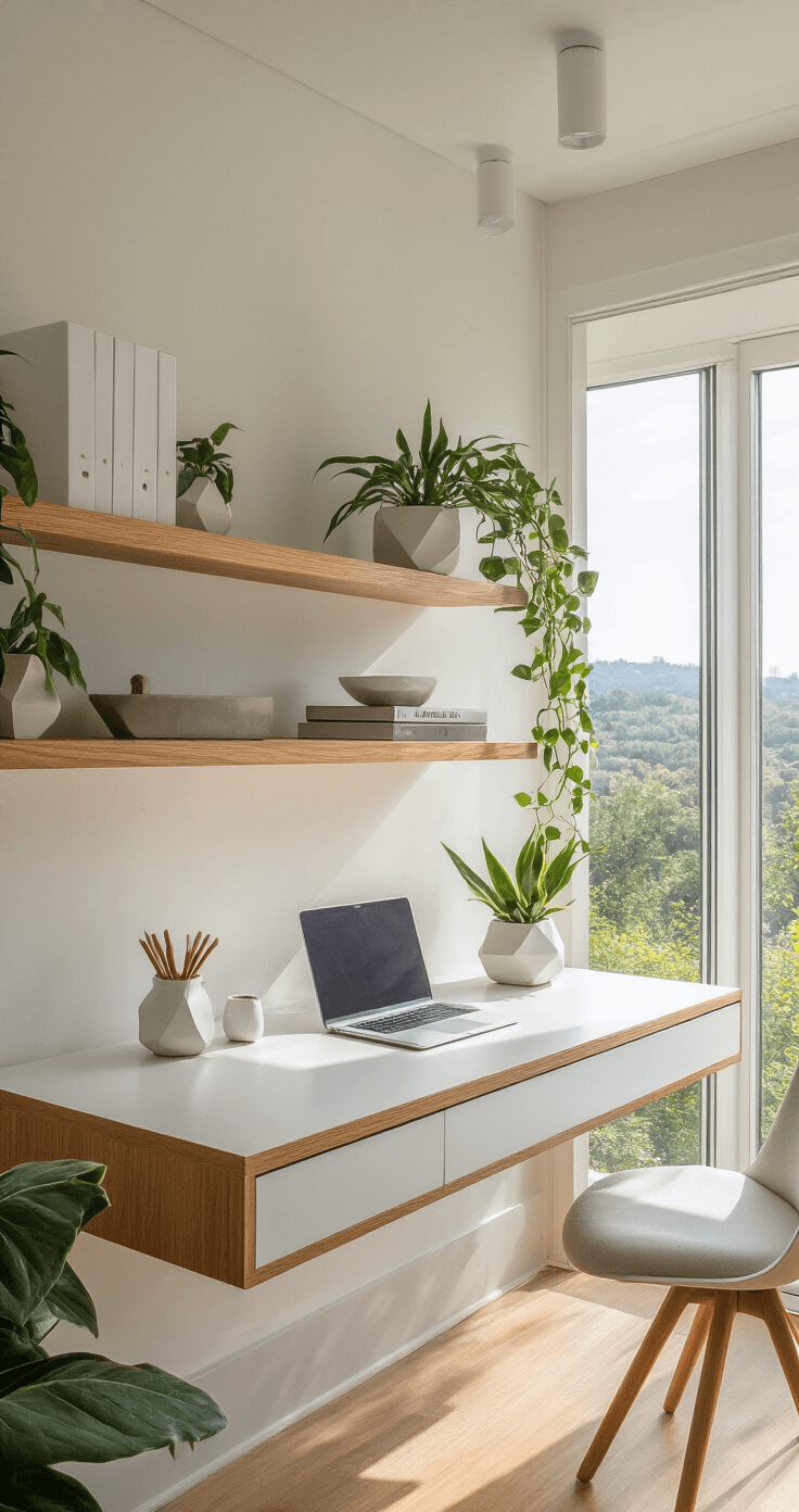 A minimalist home office featuring a floating desk with a white lacquered surface, warm oak floating shelves, mid-century modern design, ceramic desk accessories, and geometric planters with architectural plants, illuminated by precise overhead lighting and a large window showcasing a serene landscape.