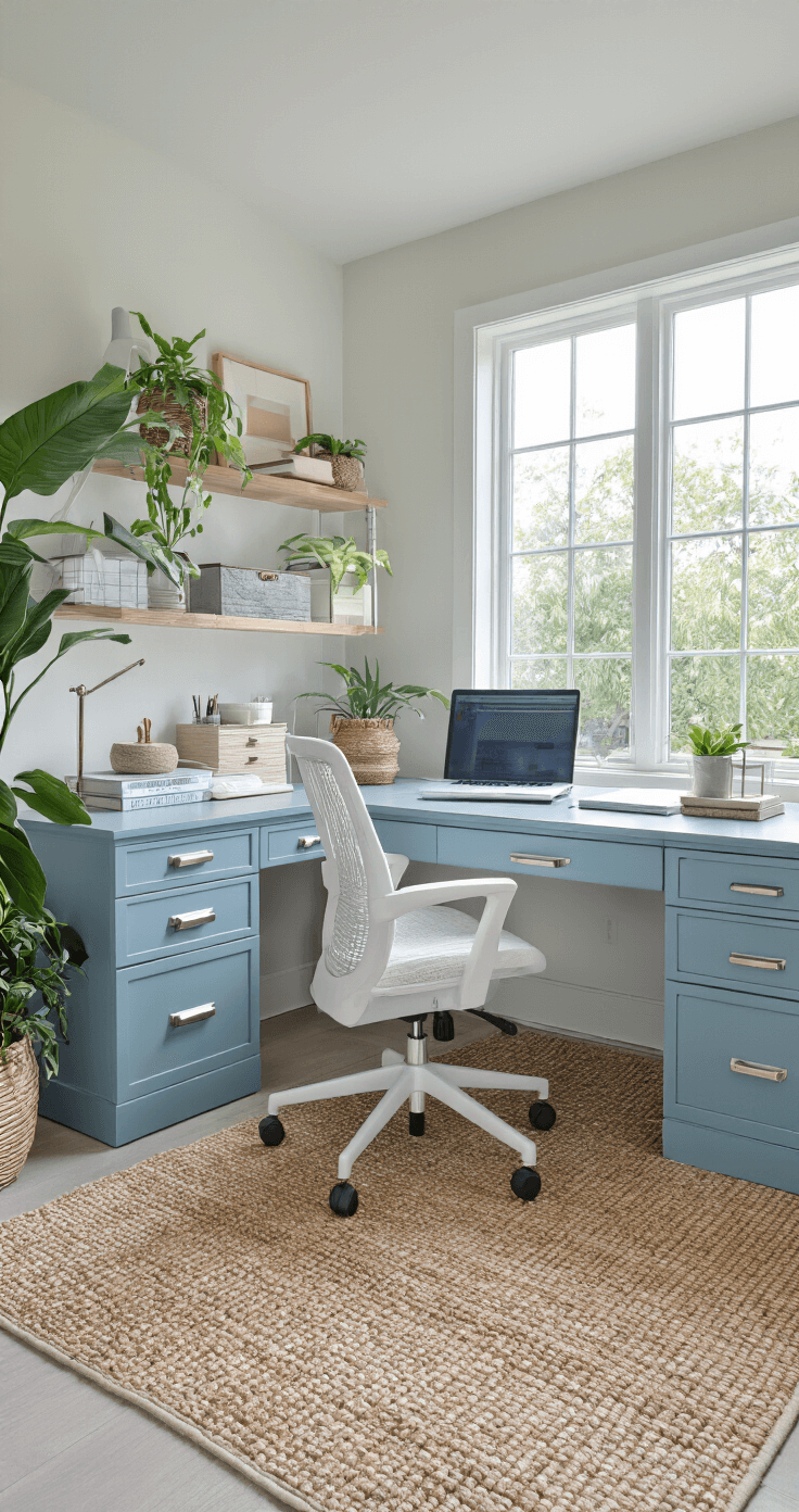 A multi-function desk in a soft coastal blue finish with multiple drawer configurations and brushed nickel hardware, paired with an ergonomic white office chair, set on a woven rug under morning light from an east-facing window. The scene features architectural houseplants and organized desk accessories, creating a professional yet inviting atmosphere, captured from a detailed overhead perspective.