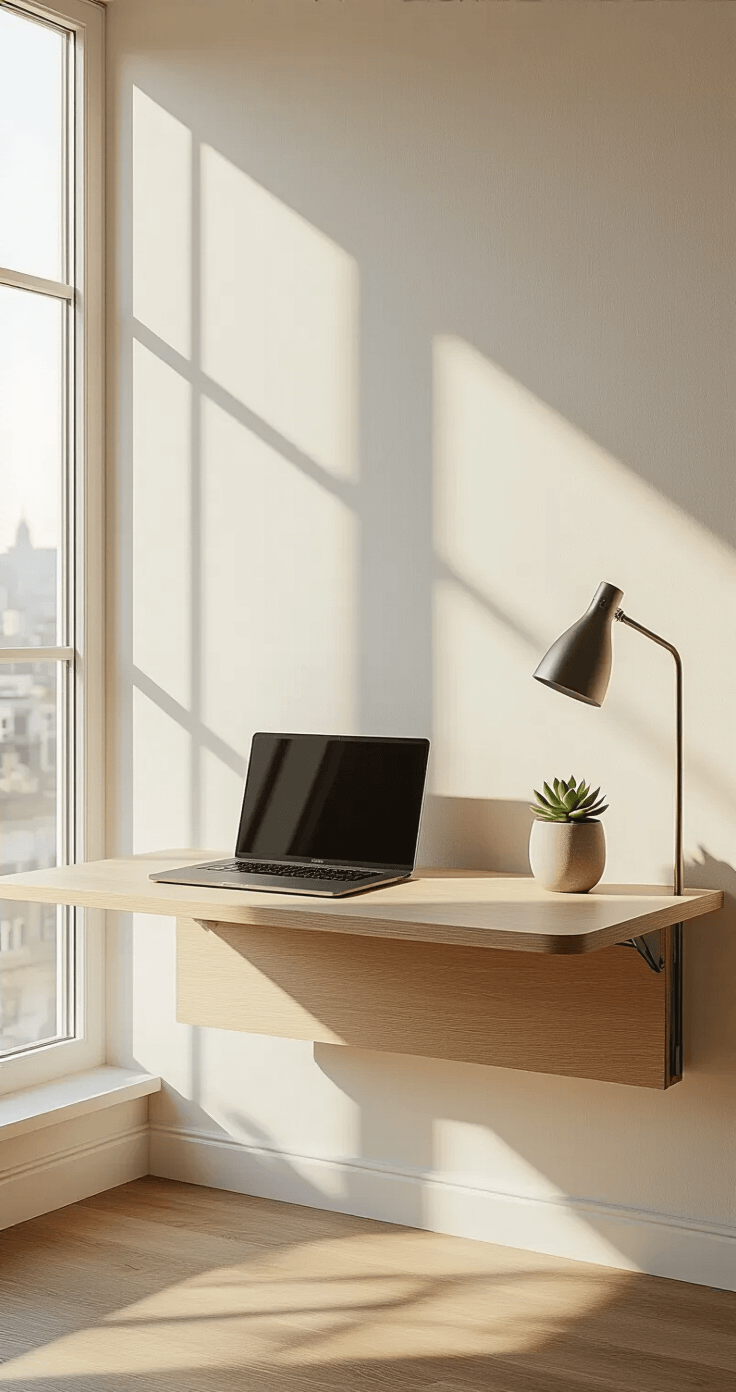 Ultra-realistic interior photo of a minimalist wall-mounted foldable desk in a compact studio apartment, bathed in golden hour sunlight with warm shadows. The desk, seamlessly blending into a soft white wall when closed, features a slim black laptop, a small succulent in a ceramic pot, and a brushed steel lamp. Hardwood floor adds depth, captured at eye level to highlight clean lines and spatial efficiency.