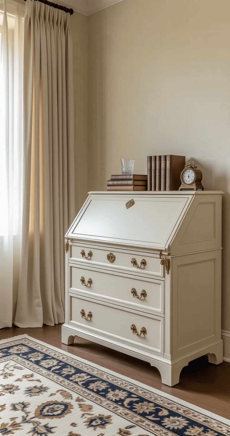 Photorealistic interior of a sophisticated living room featuring an antique white secretary desk with brass hardware, surrounded by rich cream walls and a vintage Persian rug. The scene is softly illuminated by afternoon light filtering through linen curtains, highlighting vintage leather-bound books, a crystal tumbler, antique brass desk accessories, and a small vintage clock, all captured from a low angle to emphasize architectural details and refined proportions.