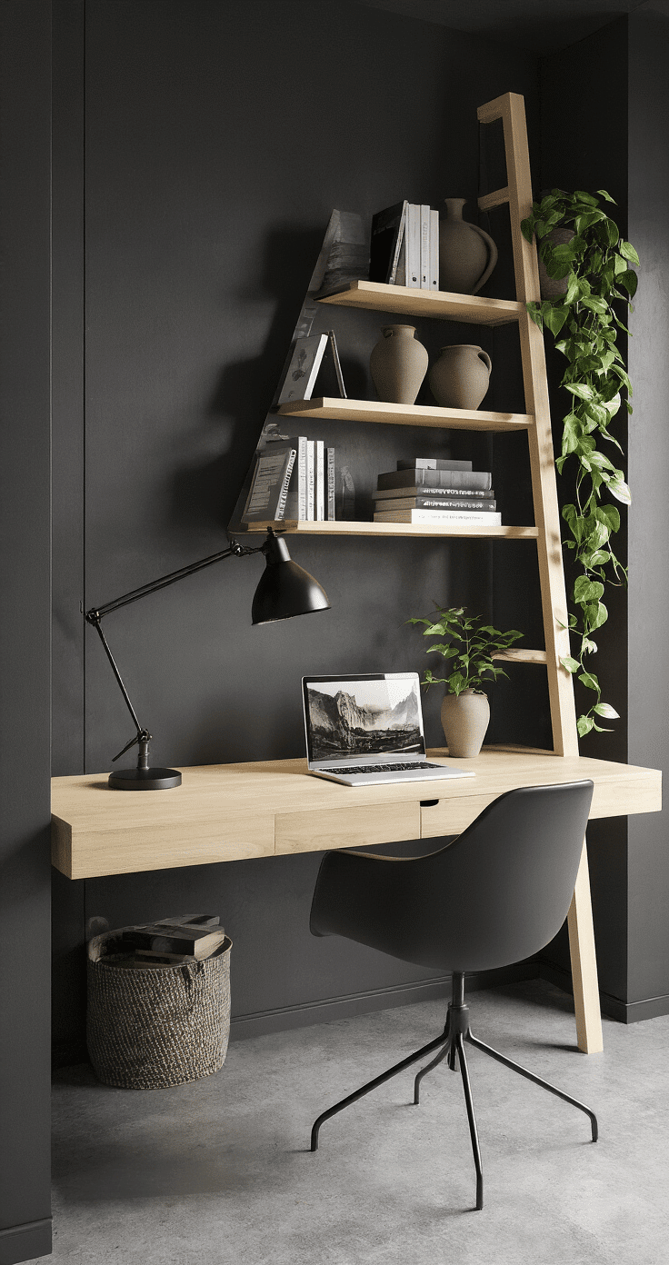 A contemporary home office nook featuring a ladder-style desk against charcoal grey walls, with light maple wood desk and shelving, angled design for storage, a trailing pothos plant, and an industrial black metal desk lamp, all on a textured concrete floor with a minimalist black office chair.