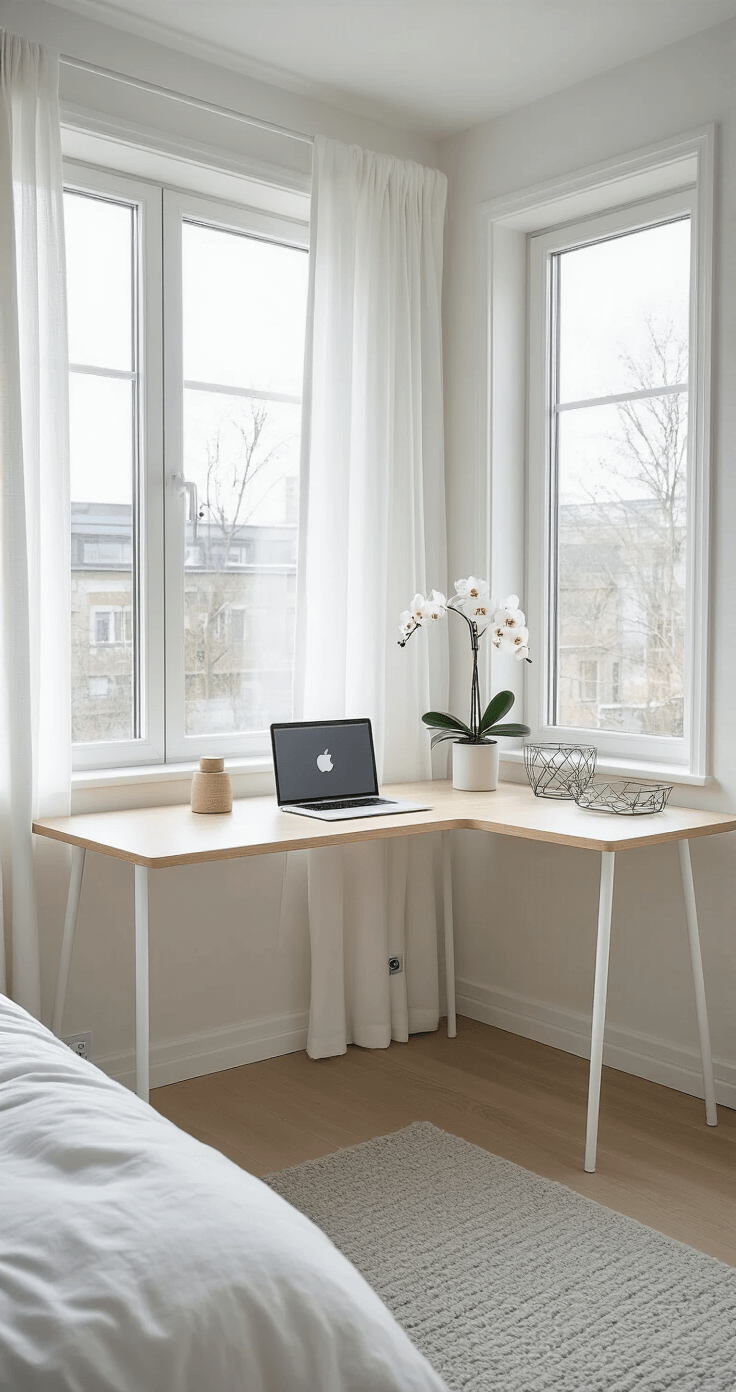 Cinematic interior of a Scandinavian-inspired bedroom featuring a compact corner desk with minimal Apple accessories, an orchid, and a geometric wire organizer, bathed in diffused natural light from large windows with sheer curtains, all on a pale grey rug.