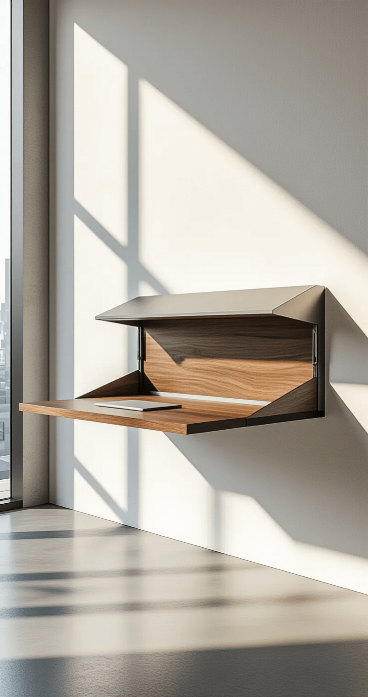 A minimalistic hidden wall-mounted desk in brushed aluminum and walnut wood in an urban loft, illuminated by soft golden hour light, casting long shadows on a white wall and reflecting on a gray concrete floor.