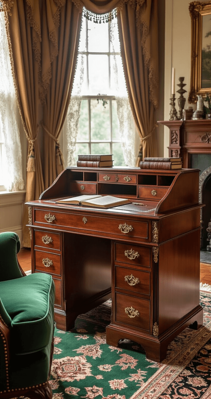 A traditional mahogany secretary desk with brass hardware sits in a cozy Victorian-inspired living room, its drop-front surface slightly open to reveal leather-bound journals and antique writing tools. Warm afternoon light filters through lace curtains, casting delicate shadows on the polished wood. The scene includes a plush emerald green velvet armchair, an intricate Persian rug, and an ornate fireplace in the soft focus background, adorned with botanical prints.