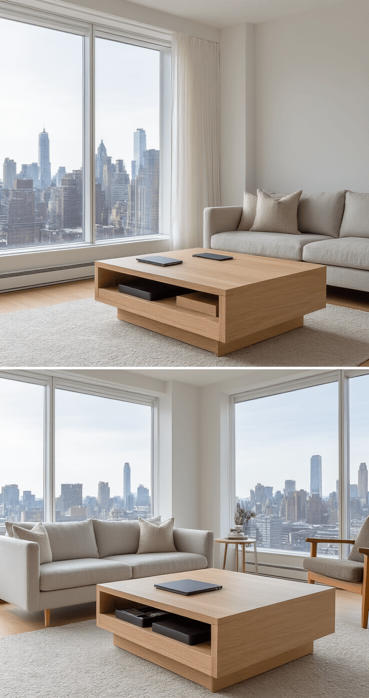 A modern minimalist studio apartment featuring a lift-top coffee table desk in light oak wood and glass, opened to reveal a functional workspace with integrated cable management and wireless charging, surrounded by mid-century modern furniture against a backdrop of large floor-to-ceiling windows showcasing an urban skyline.