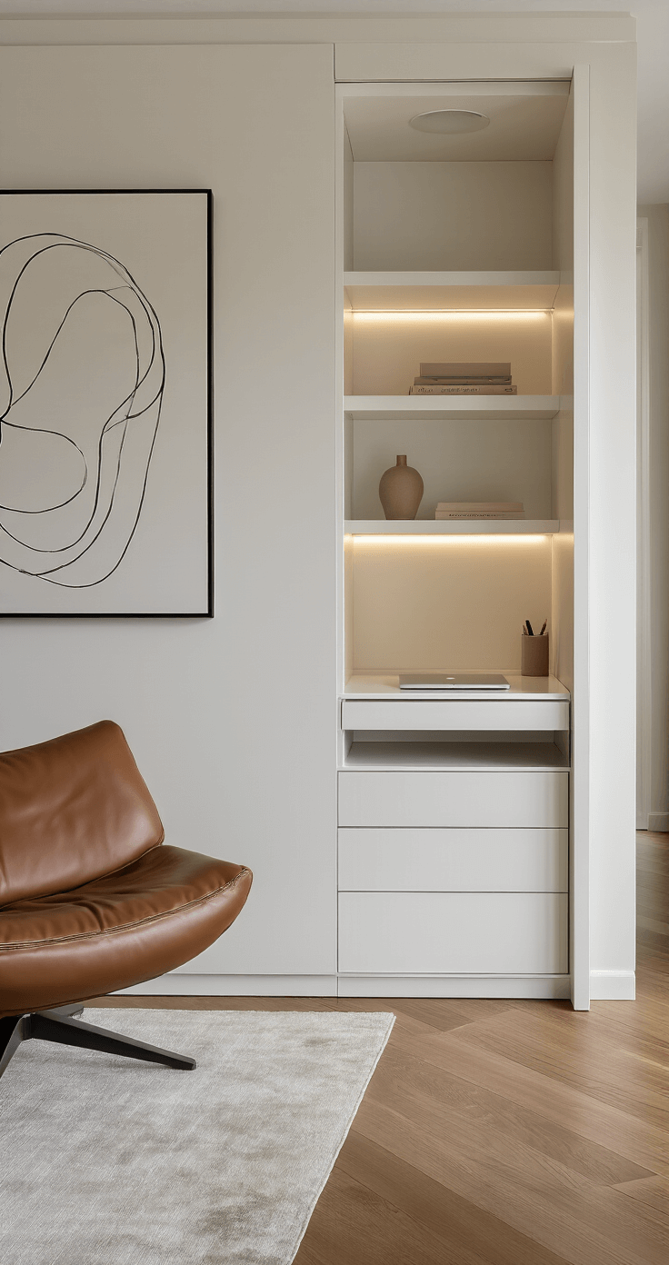 A sophisticated white lacquered desk concealed within a built-in living room cabinet, open to reveal a sleek workspace with a matte white surface, floating shelves, and recessed LED lighting, surrounded by soft greige tones, modern artwork, a leather lounge chair, and textured hardwood floors.