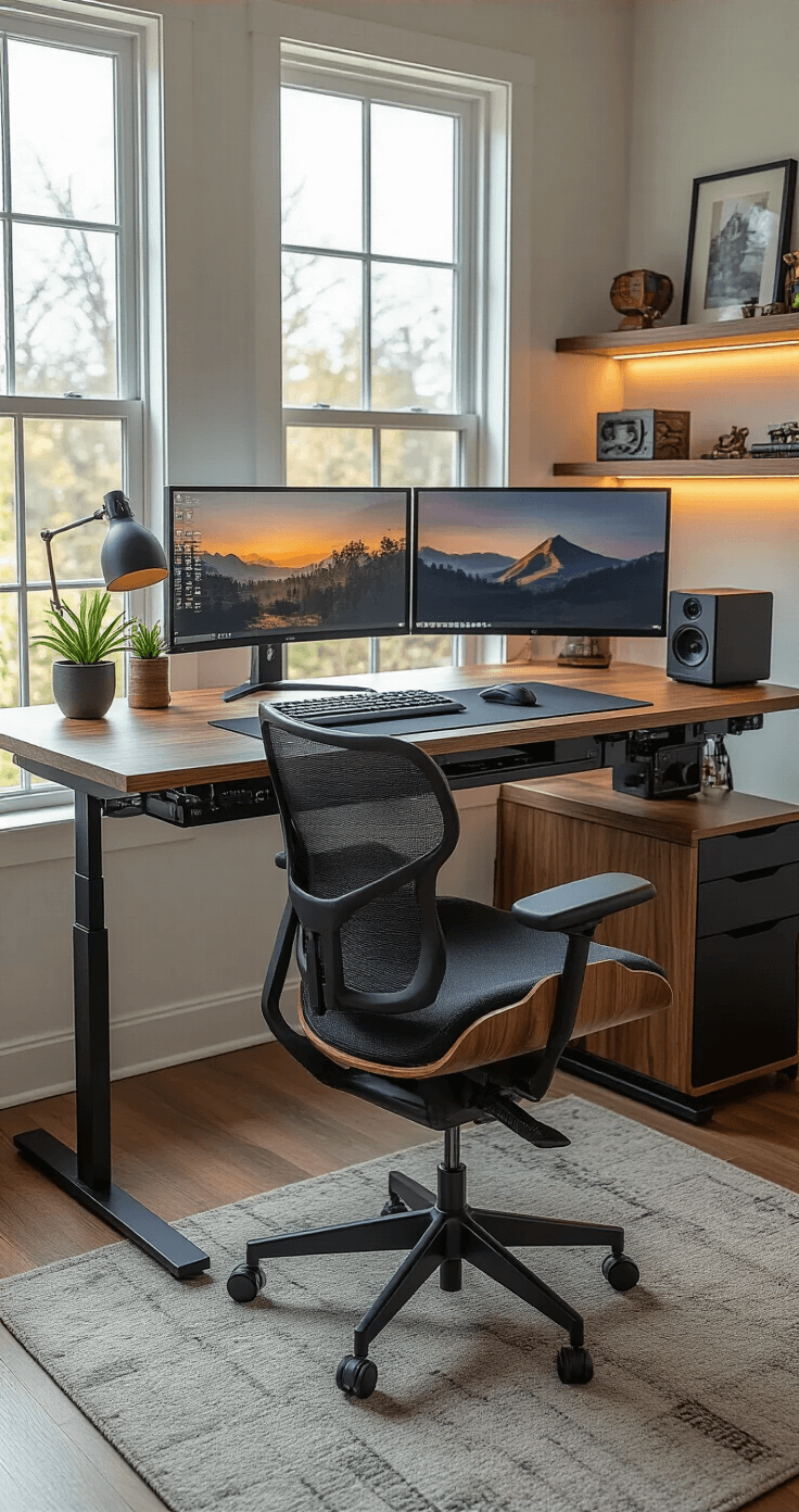 Ultra-detailed mid-century modern gaming desk setup in a minimalist home office, featuring a height-adjustable matte black desk with walnut accents, dual monitors on gunmetal arms, ergonomic chair, large mousepad, hidden cable management, and vintage gaming collectibles on floating shelves, all illuminated by soft natural morning light.