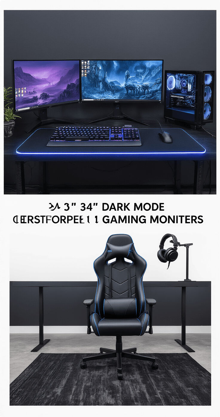 Immersive dark mode gaming setup with obsidian black desk, dual ultrawide monitors on articulating arms, mechanical keyboard with RGB lighting, minimalist headphone stand, stylish leather chair, and dramatic low-key lighting.