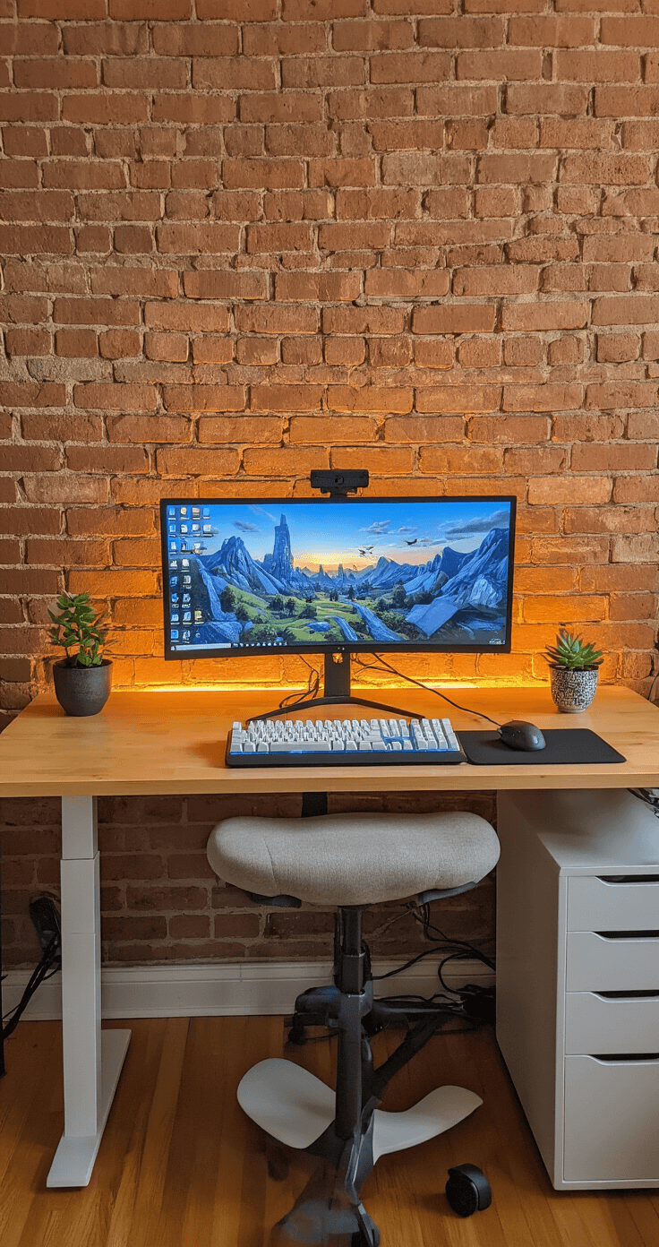 Compact urban gaming setup featuring a maple wood standing desk against an exposed brick wall, with a primary monitor above a secondary display, a wireless mechanical keyboard, an ergonomic kneeling chair, minimal cable management, a small potted succulent, and warm lighting, captured from a corner perspective.
