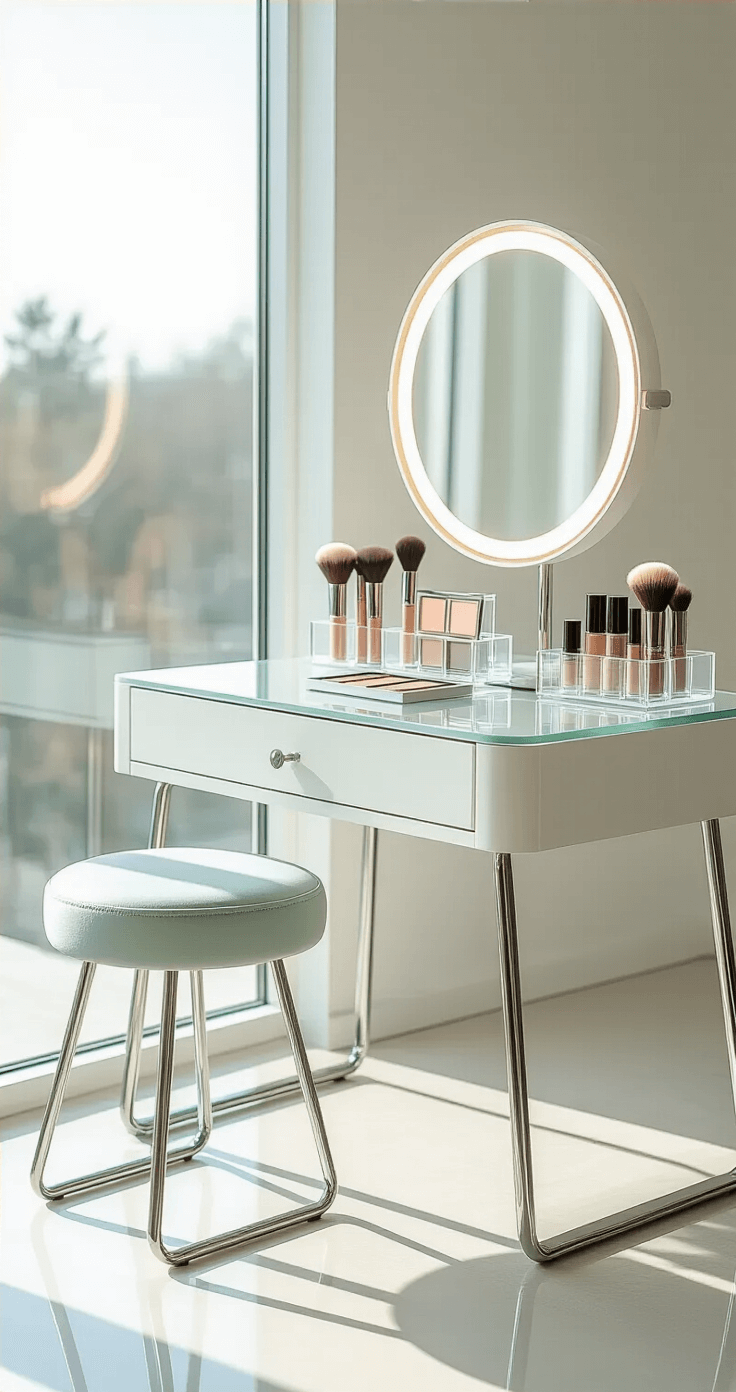 Ultra-detailed modern minimalist makeup vanity in soft white and pale sage, featuring a sleek glass desk, high-end curved stool, arranged makeup products in acrylic organizers, and an LED mirror, bathed in natural morning light.