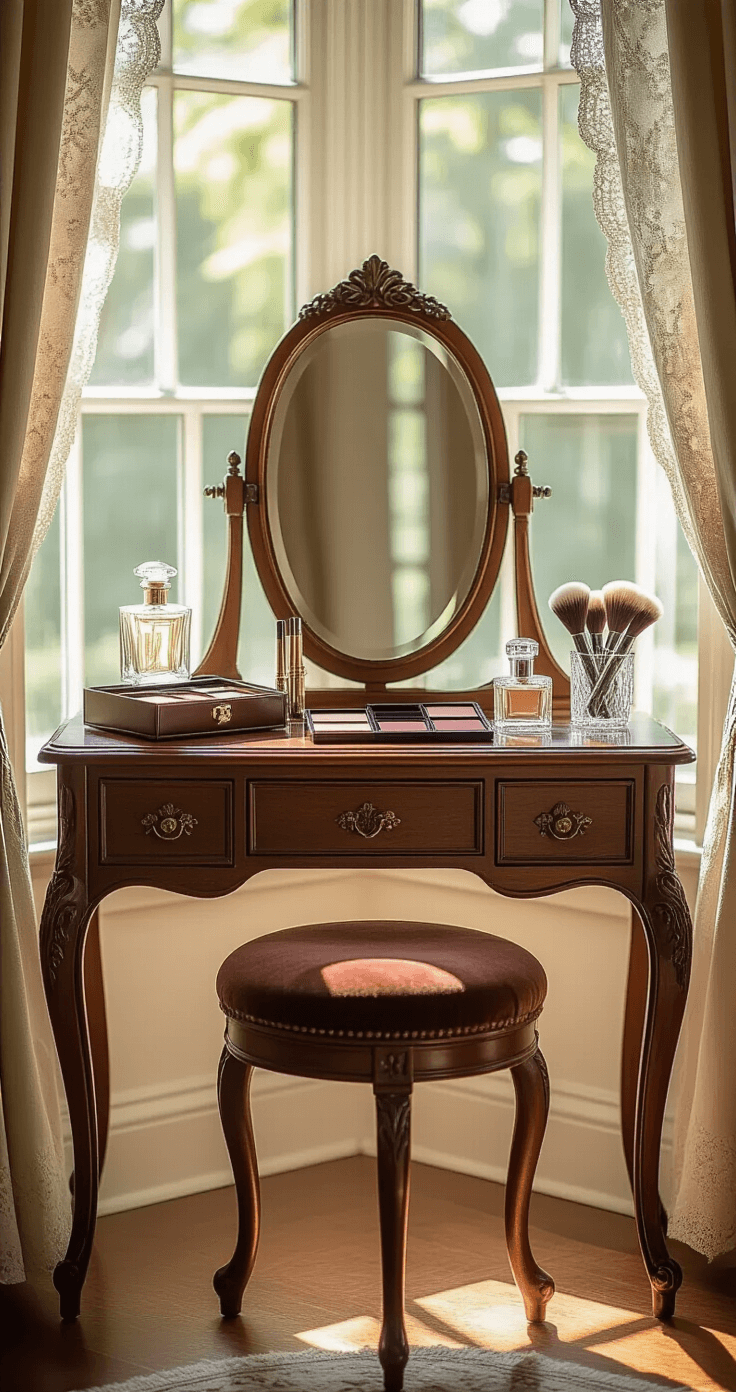 Vintage makeup desk with ornate mahogany legs and walnut finish in a sun-drenched alcove, featuring an antique tri-fold mirror, vintage perfume bottles, silver brushes, and a plush velvet stool, all bathed in soft morning light filtering through lace curtains.