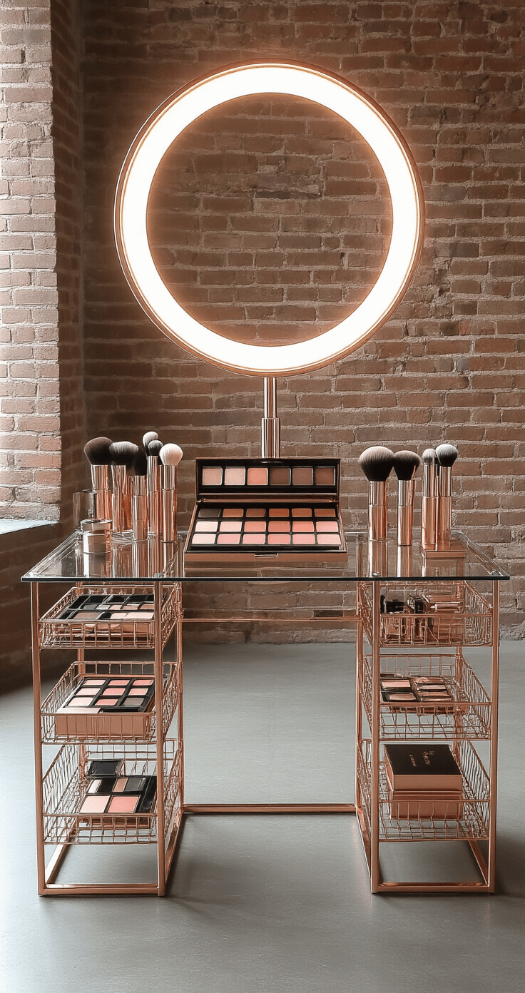 An industrial-chic makeup station featuring a glass and rose gold design against an exposed brick wall in a loft-style bedroom, with a sleek transparent glass desktop, tiered glass shelves, an oversized LED ring light, and modern metallic tools, all set on a concrete floor.