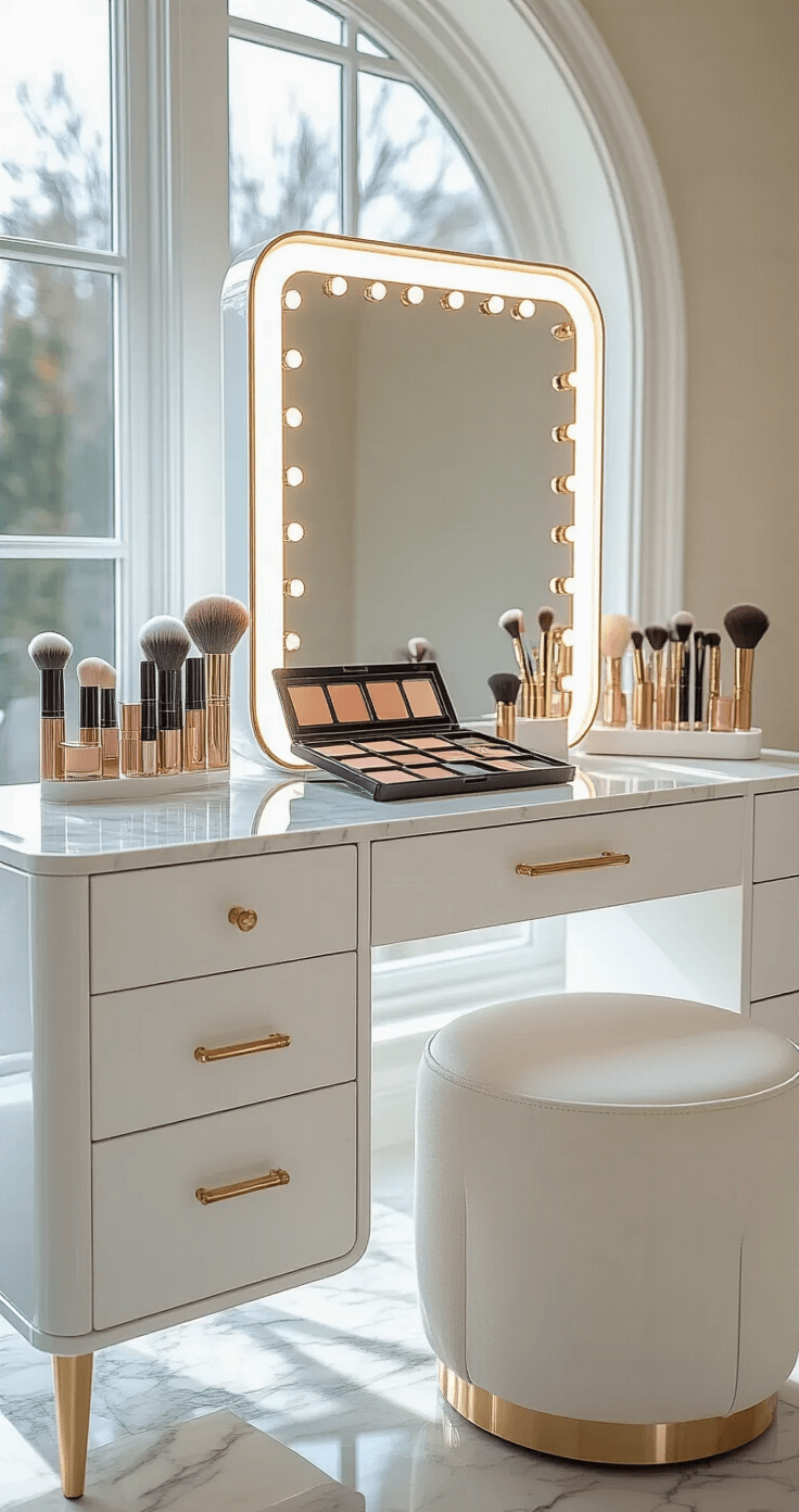 Luxury contemporary makeup station with a white lacquered finish, integrated LED mirror, marble countertop, and organized makeup collection, set near a large arched window with soft diffused light.