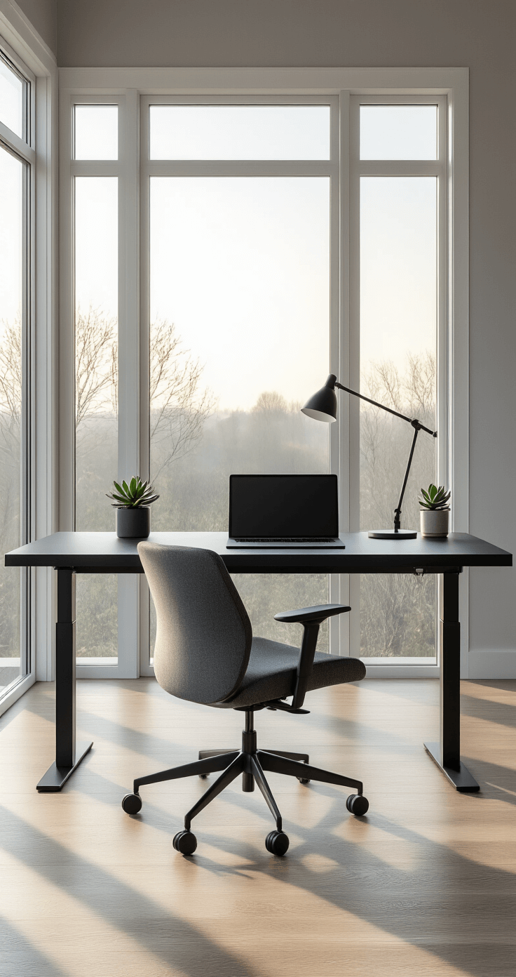 Expansive modern home office featuring a minimalist black standing desk and ergonomic chair, with large floor-to-ceiling windows allowing soft morning light, hardwood floors, and a serene, clean layout.