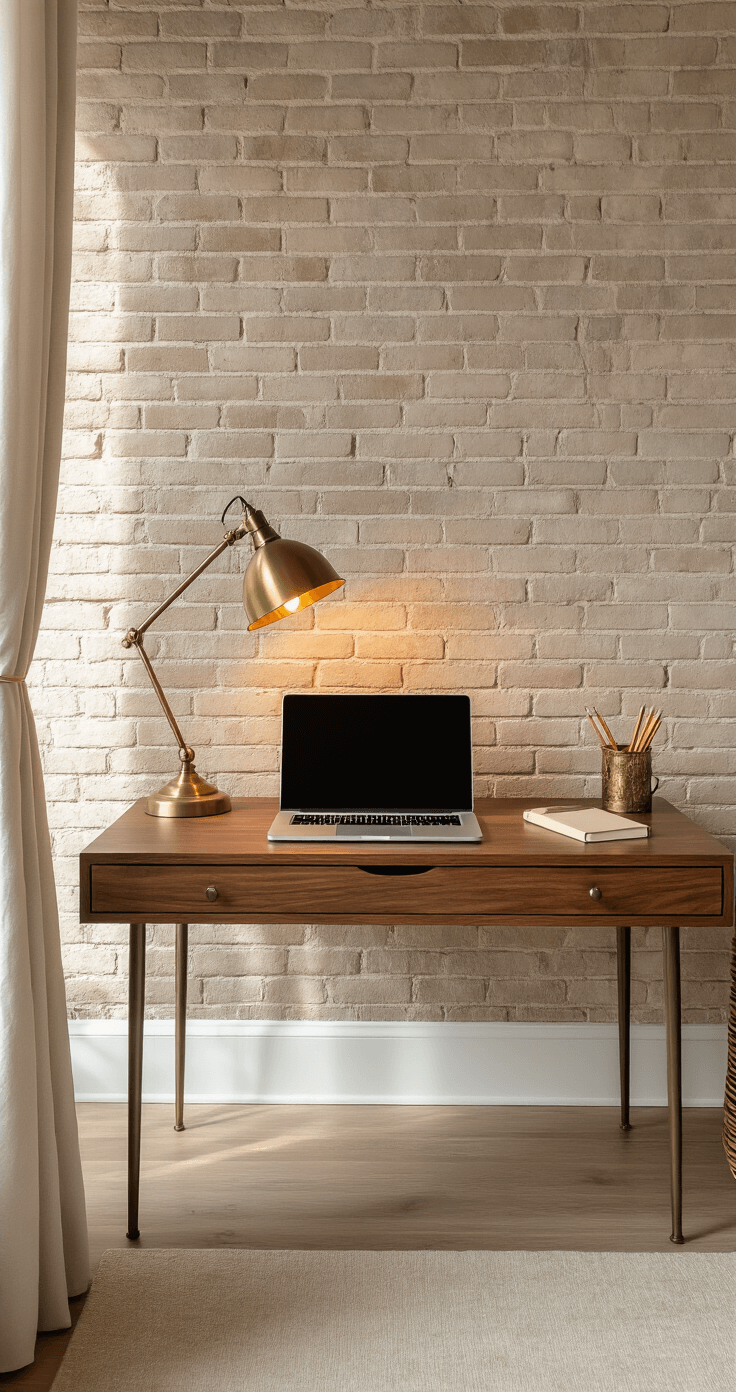 Compact urban writing desk in a studio apartment corner against an exposed brick wall, featuring a walnut desk with metal legs, a vintage brass lamp, and a Macbook Pro, illuminated by soft morning light with neutral curtains partially drawn, showcasing Scandinavian minimalist design in muted earth tones.