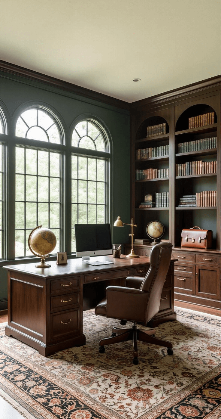 Spacious home office featuring a dark walnut L-shaped executive desk, multiple monitors, and an ergonomic leather chair, with built-in shelving displaying books and a vintage globe, illuminated by soft mid-morning light against a deep forest green accent wall.
