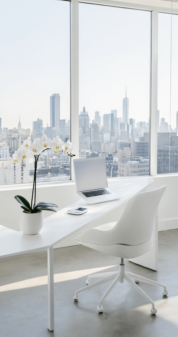 Minimal white home office desk in a bright, airy room with a concrete floor, featuring a sleek desk, chair, single stem orchid, and an Apple computer setup, all bathed in soft natural light with a city skyline view.