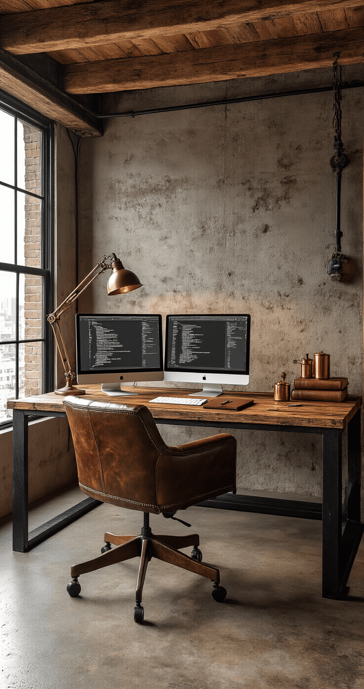 Rustic industrial corner desk made of reclaimed wood and black metal, featuring a vintage lamp, leather-bound notebook, and a MacBook Pro with external monitors, in a loft-style apartment with exposed beams and concrete floor, bathed in warm afternoon light.