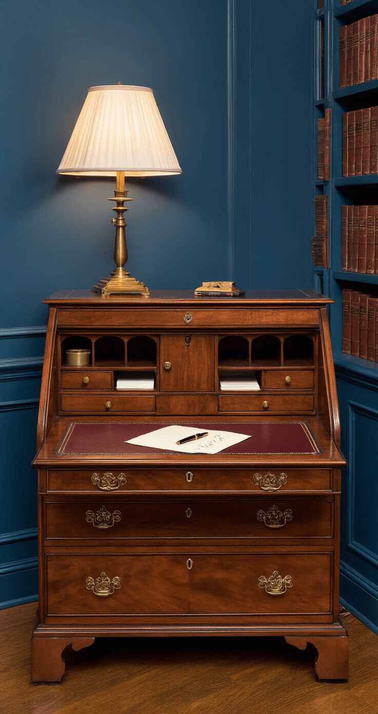 Close-up of a compact secretary desk in a traditional home library, featuring elegant wood grain and a rich blue wall backdrop. When opened, it showcases a sophisticated workspace with a leather writing surface, vintage brass accessories, an antique brass lamp, handwritten correspondence, and a classic fountain pen, all illuminated by soft evening lamp light that enhances the warm, intimate atmosphere.