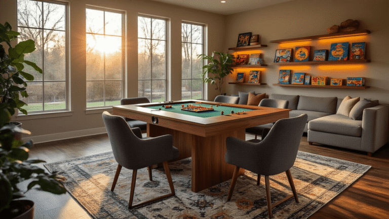 Contemporary family game room with walnut table, gray chairs, golden hour lighting, and cozy sectional sofa.