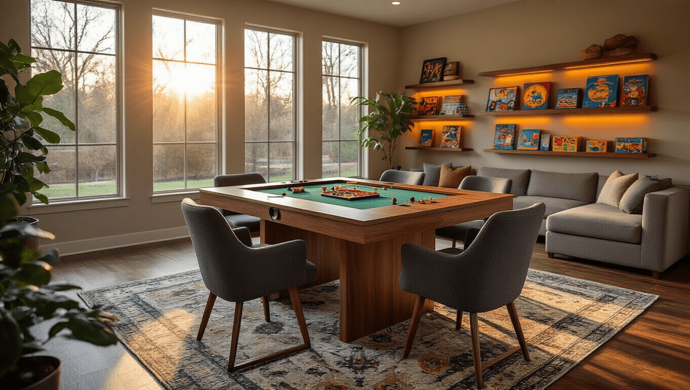 Contemporary family game room with walnut table, gray chairs, golden hour lighting, and cozy sectional sofa.