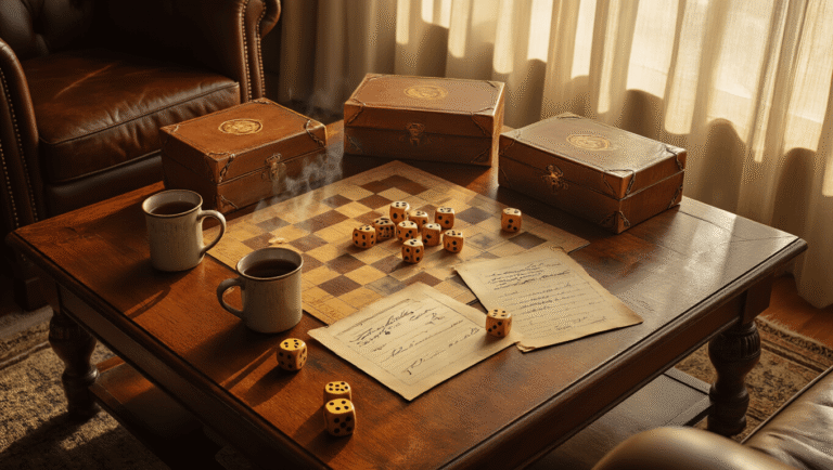 Cinematic overhead view of a cozy board game setup on a walnut coffee table, featuring vintage game boxes, scattered wooden dice, steaming ceramic mugs, and hand-written score sheets, illuminated by warm amber sunlight filtering through sheer curtains, with soft shadows and textures creating an inviting atmosphere.
