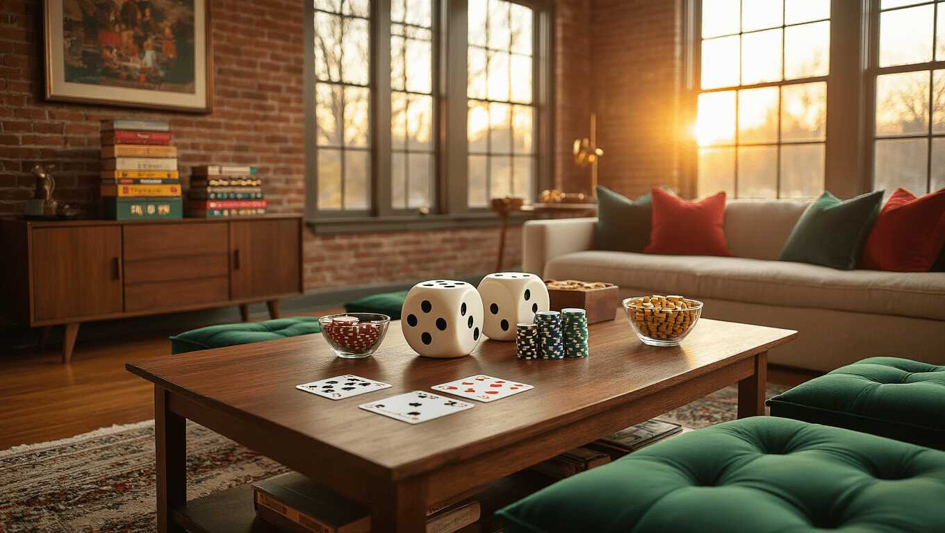 Cozy living room with warm golden hour lighting, exposed brick wall, and hardwood floors; features a low walnut coffee table surrounded by plush emerald green cushions, oversized decorative dice, scattered playing cards, and colorful poker chips, creating an inviting game night atmosphere.