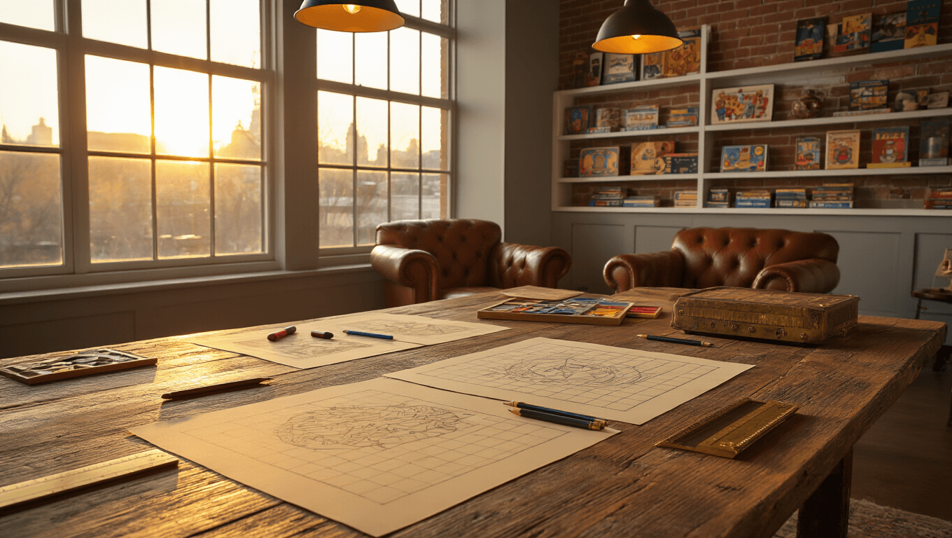 Cinematic wide shot of a cozy game room during golden hour, showcasing a rustic table with hand-sketched game prototypes, vintage tools, and warm lighting against a backdrop of an exposed brick wall and colorful board games.