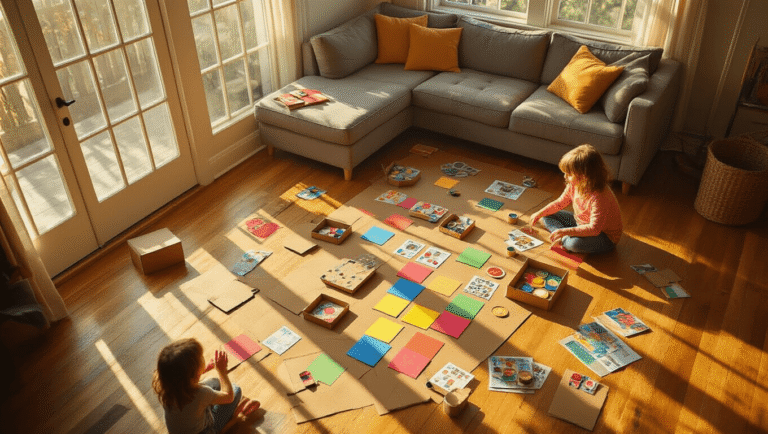 Cinematic overhead view of a sunlit DIY game crafting station in a living room, showcasing colorful crafting materials like cardboard game boards, construction paper, and bottle cap pieces scattered on warm oak hardwood floors, with children's hands reaching for vibrant game cards and soft golden hour lighting illuminating the scene.
