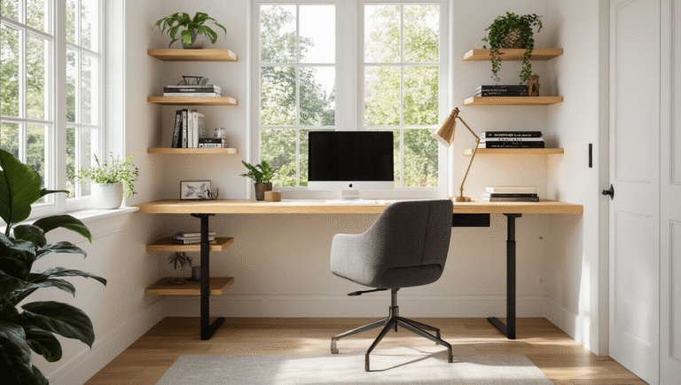 Modern floating desk with integrated shelves beneath a large window, featuring warm oak wood and matte black steel brackets, organized books and plants, a brass task lamp, ergonomic charcoal fabric chair, and a minimalist aesthetic in soft natural lighting.
