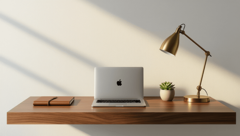 Ultra-modern floating walnut desk mounted on a white wall, featuring a MacBook, leather notebook, brass lamp, and succulent, with warm golden hour lighting casting soft shadows and highlighting textures.
