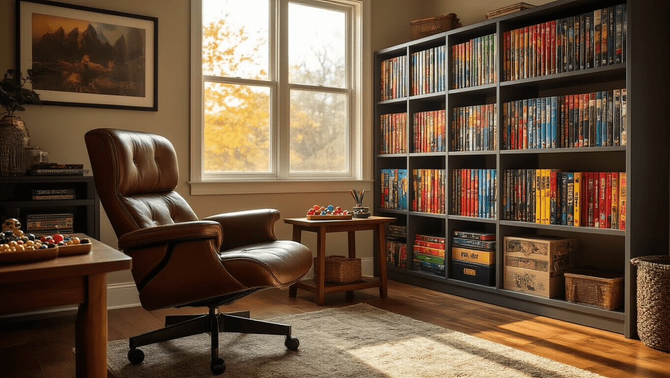 Sophisticated game room corner with gunmetal gray modular shelving housing 120+ colorful board games, warm golden hour light, honey oak floors, cognac leather gaming chair, wooden side table with dice, textured area rug, cozy ambient lighting, inviting atmosphere.