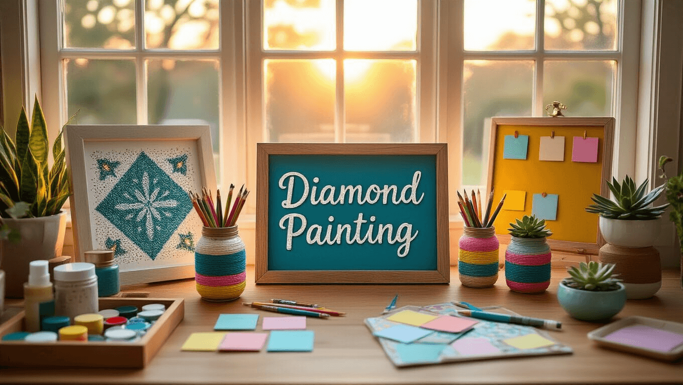 Cinematic overhead view of a cozy handcrafted desk workspace featuring diamond painting artwork, teal motivational sign, colorful yarn-wrapped pencil holders, and warm golden lighting, with scattered craft supplies and potted succulents.