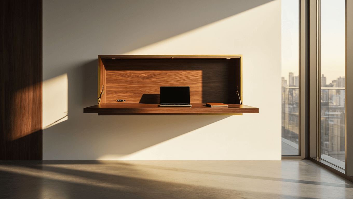 A sleek walnut and brushed aluminum hidden desk unfolds from a white wall in warm golden hour light, showcasing rich wood textures and a minimalist laptop against polished concrete floors.