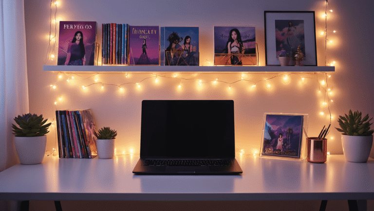 Cinematic K-pop themed workspace with warm fairy lights, colorful album covers, and a sleek black laptop on a clean white desk, featuring soft lavender and charcoal hues, golden hour lighting, and organized decor including potted succulent and framed posters.