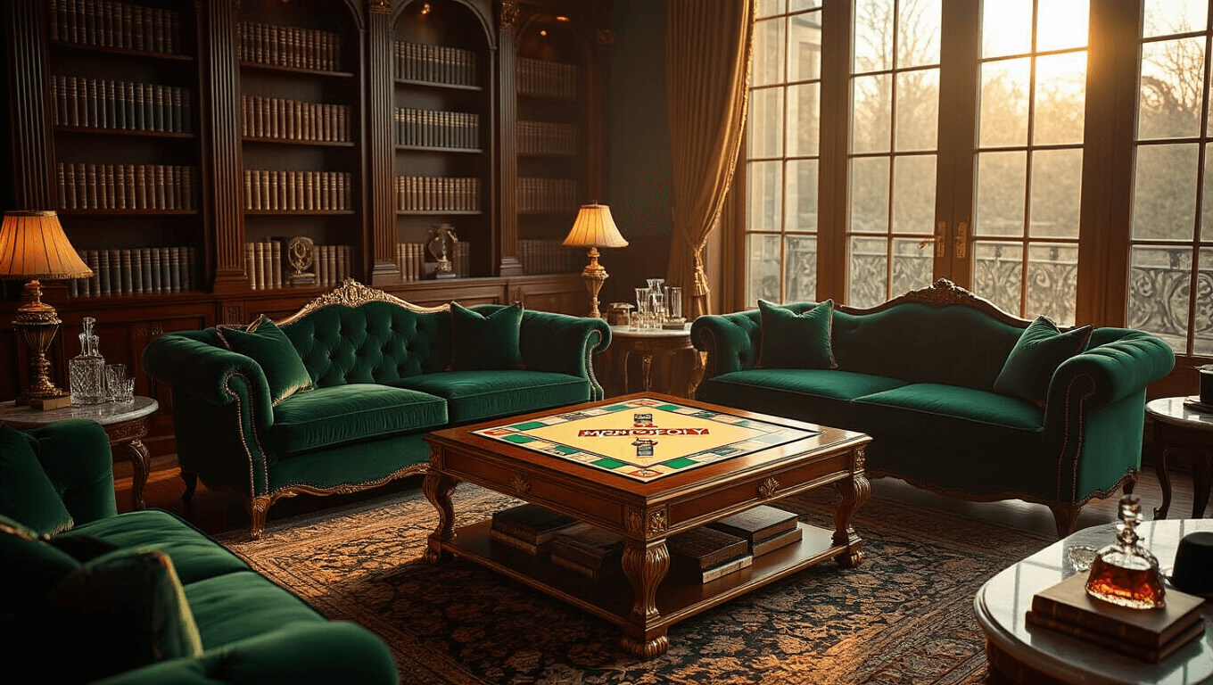 A luxurious living room bathed in golden hour light, featuring a mahogany coffee table with a Monopoly board, emerald velvet sofas, a Persian rug, vintage top hats, and crystal decanters, all captured in photorealistic detail.