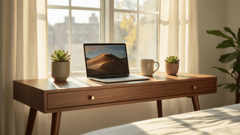 Photorealistic mid-century modern walnut writing desk in a minimal Brooklyn bedroom, featuring a sleek white laptop, a ceramic coffee mug, and a potted succulent, illuminated by soft morning light.