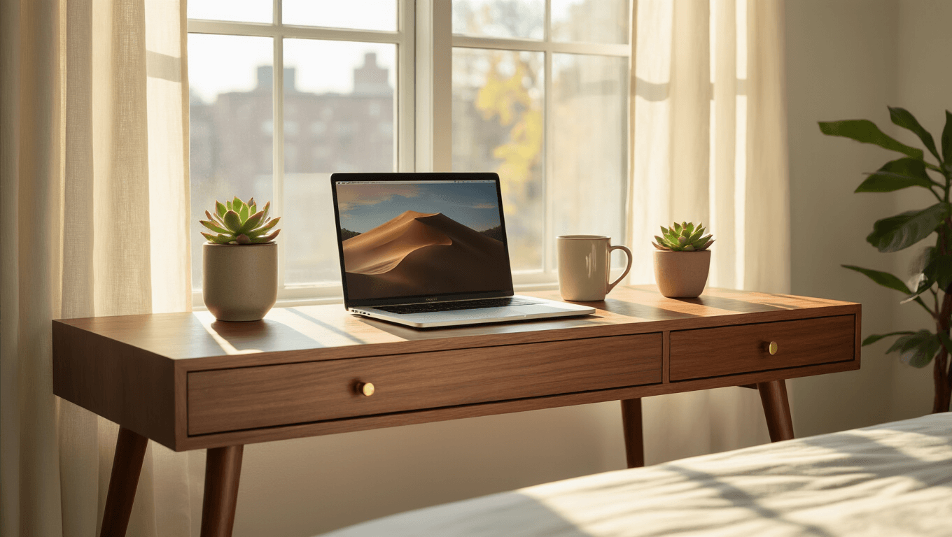 Photorealistic mid-century modern walnut writing desk in a minimal Brooklyn bedroom, featuring a sleek white laptop, a ceramic coffee mug, and a potted succulent, illuminated by soft morning light.