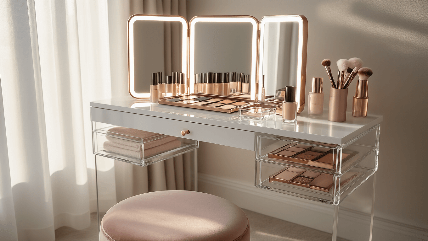 Ultra-detailed minimalist makeup vanity with a sleek white lacquered surface, tri-fold LED mirror, organized acrylic makeup organizers, and a velvet stool, bathed in warm morning light.