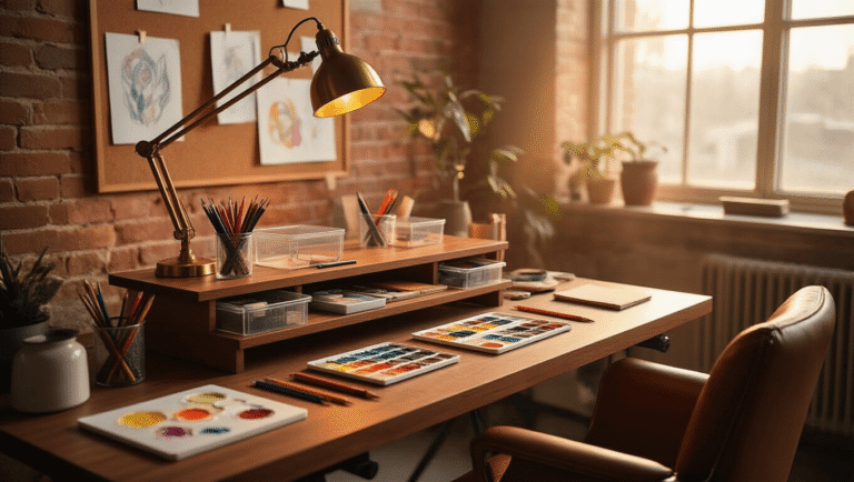 Cinematic wide shot of a modern adjustable art desk with art supplies, warm golden hour lighting, rich walnut surface at an angle, organized in clear acrylic containers, scattered colored pencils, watercolor palette, vintage brass lamp, exposed brick wall, ergonomic leather chair, sketches on cork board, soft diffused window light, warm amber and cream colors, inviting studio atmosphere.