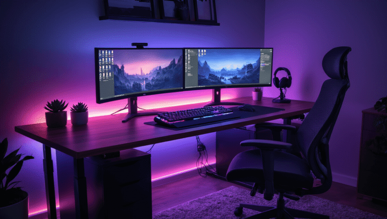 A modern gaming desk setup with dual curved monitors, an RGB keyboard, and a matte black height-adjustable desk, featuring warm purple-blue gradient lighting and organized cable management, creating a cozy yet high-tech atmosphere.