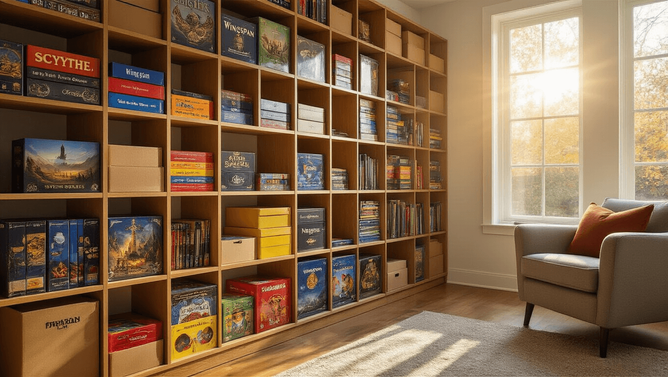 A modern living room with floor-to-ceiling modular shelving displaying board games stored vertically, featuring neat game boxes and colorful bagged components, all illuminated by warm golden hour lighting, alongside a cozy reading chair.