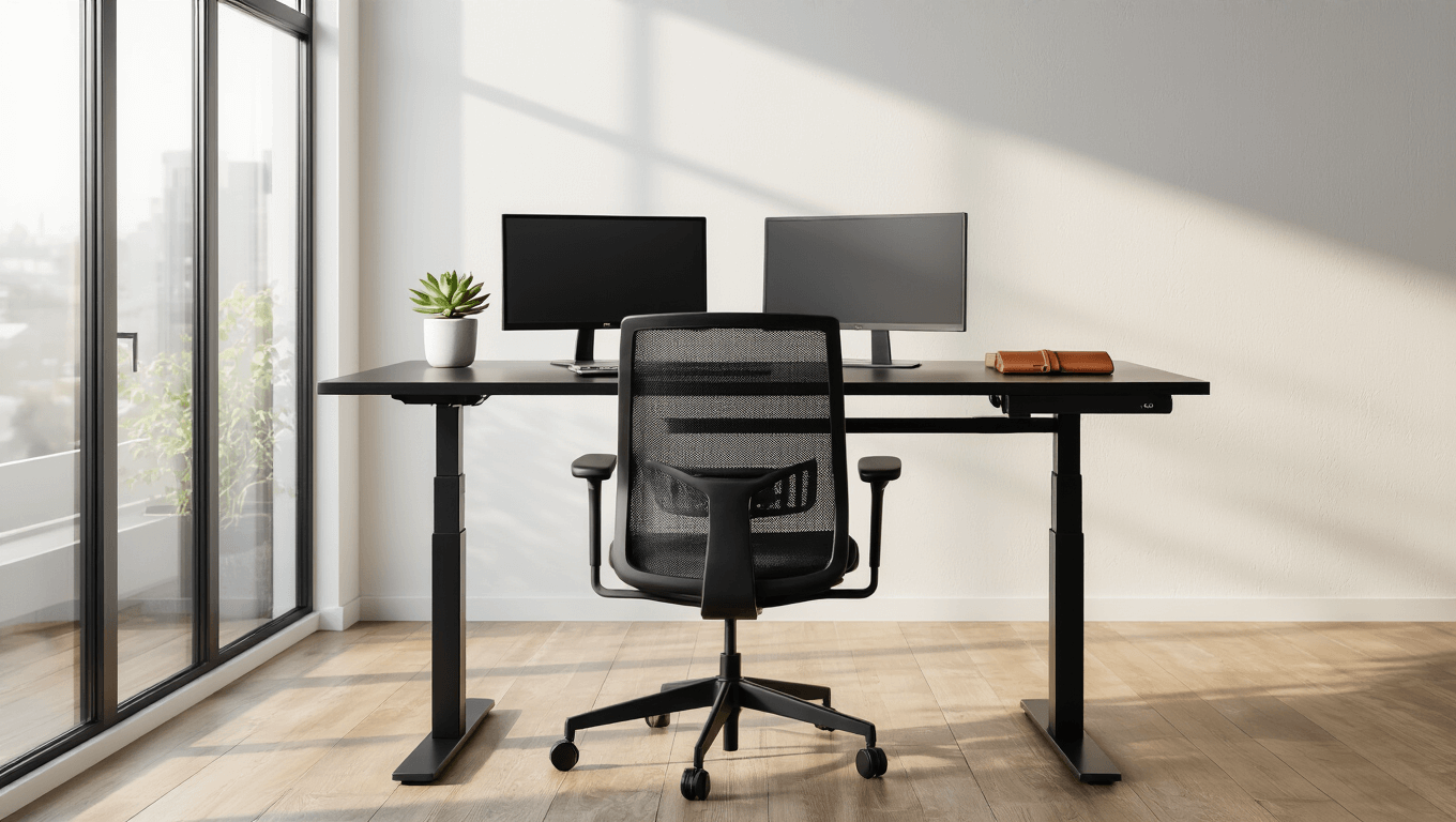 A modern minimalist home office featuring a sleek black standing desk with ergonomic mesh chair, dual monitors with ambient lighting, and warm oak accents, bathed in soft morning light.